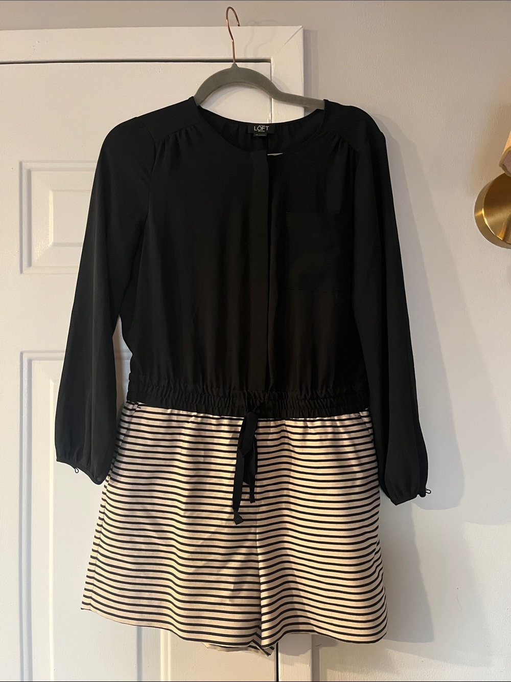 LOFT Black Blouson Top with Black and White Striped Skirt